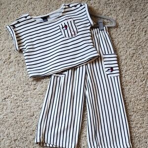 Navy Blue and White Striped Pajama Set with Long Sleeves